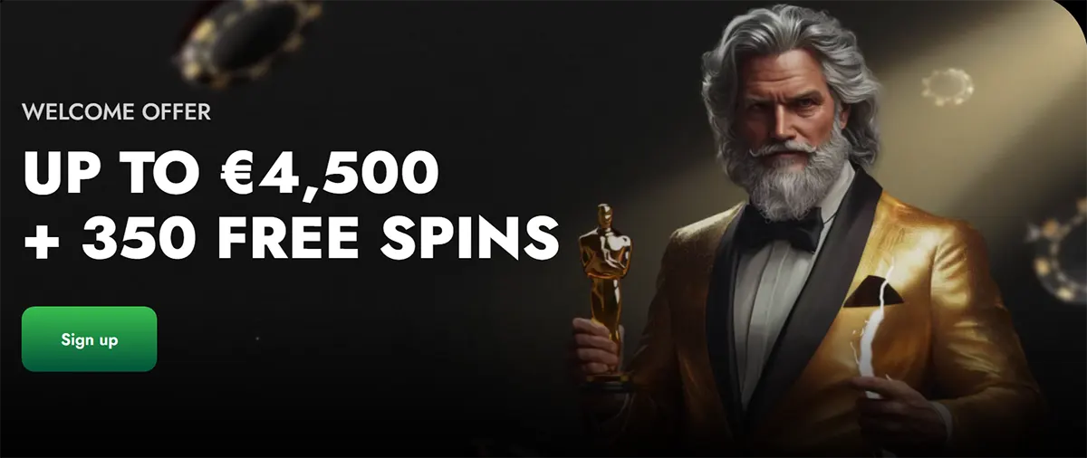 Luxury casino welcome banner featuring a silver-haired man in a gold tuxedo holding an award statuette, with bold text offering up to €4,500 plus 350 free spins and a green sign-up button on a dark background.