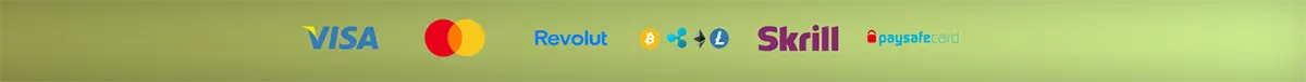 Payment methods row showing Visa, Mastercard, Revolut, cryptocurrency icons, Skrill, and Paysafecard on a light green background.