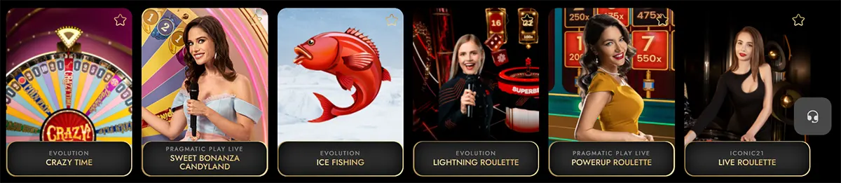 Live casino games carousel featuring Crazy Time, Sweet Bonanza Candyland, Ice Fishing, Lightning Roulette, PowerUp Roulette, and Live Roulette, with presenter images and dark card-style tiles.
