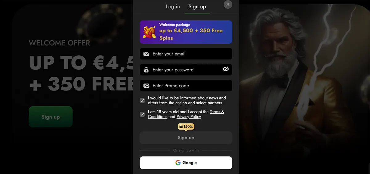 Casino sign-up popup with a welcome package of up to €4,500 plus 350 free spins, email, password, and promo code fields, consent checkboxes, sign-up button, and Google registration option over a dark luxury-themed background.